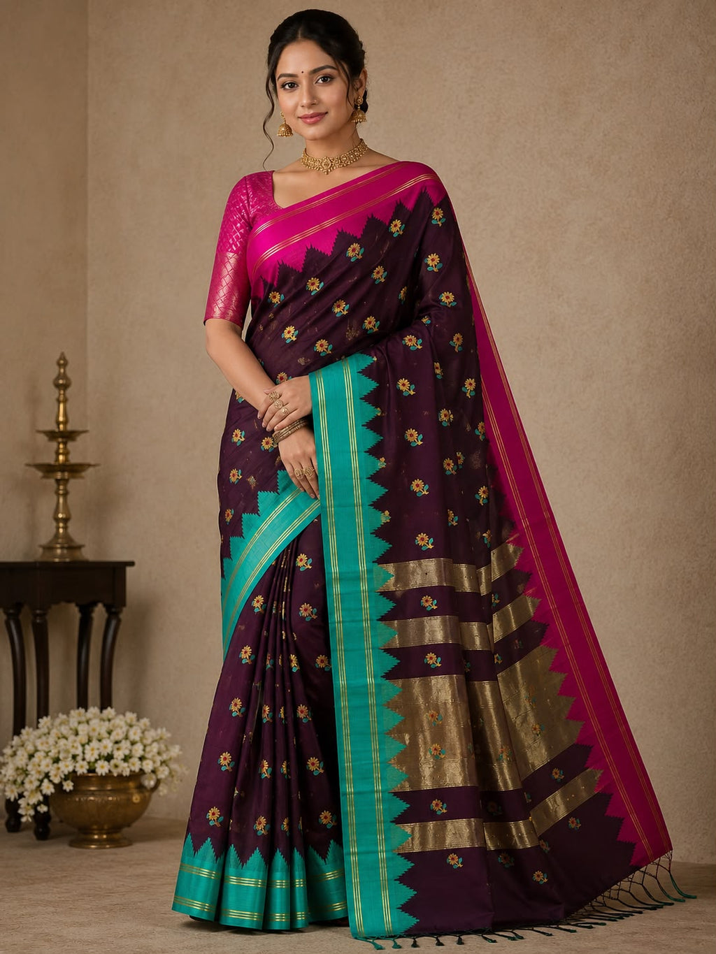 Elegent Garnet Banarasi Katan Semi Silk Saree with Aqua Blue & Rani Pink Border