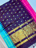 Elegent Garnet Banarasi Katan Semi Silk Saree with Aqua Blue & Rani Pink Border