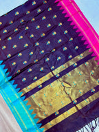 Elegent Garnet Banarasi Katan Semi Silk Saree with Aqua Blue & Rani Pink Border