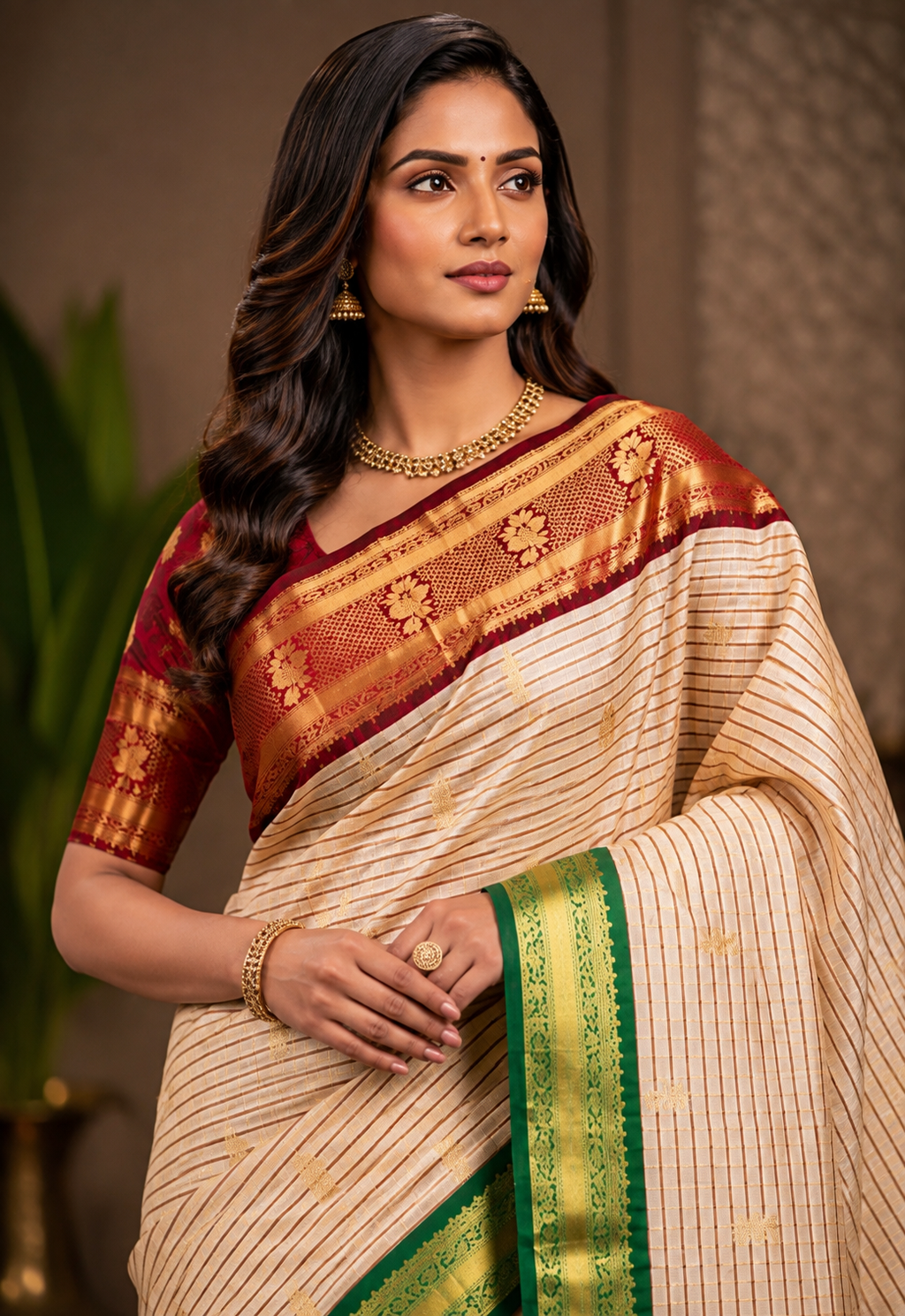 THE ELEGANT OFF WHITE CHECKS BANARASI KATAN SILK SAREE WITH RICH RED ZARI BORDER