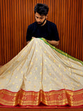 THE ELEGANT OFF WHITE CHECKS BANARASI KATAN SILK SAREE WITH RICH RED ZARI BORDER