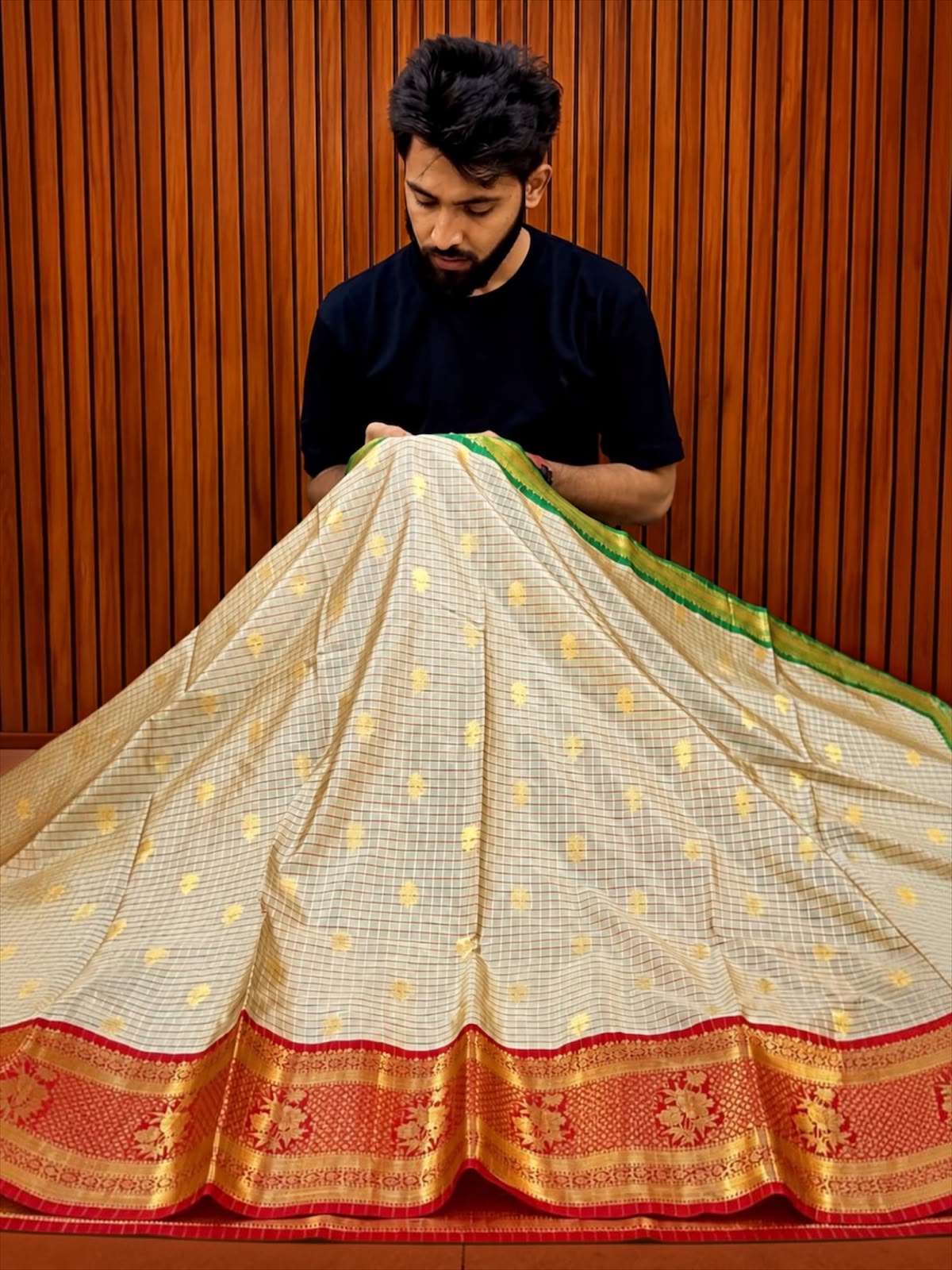 THE ELEGANT OFF WHITE CHECKS BANARASI KATAN SILK SAREE WITH RICH RED ZARI BORDER