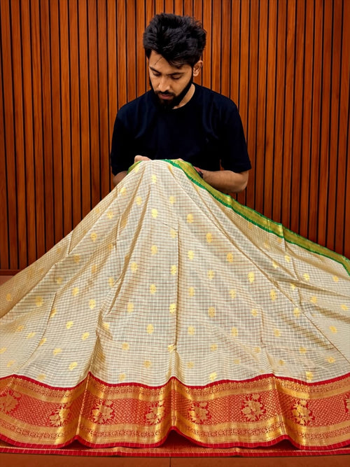 THE ELEGANT OFF WHITE CHECKS BANARASI KATAN SILK SAREE WITH RICH RED ZARI BORDER