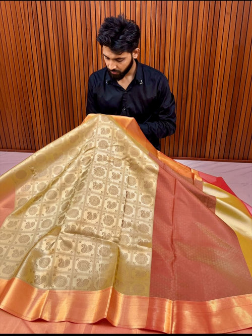 Royal Gold Banarasi Katan Tissue Saree with Copper Zari Border & Rich Woven Pallu