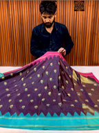 Elegent Garnet Banarasi Katan Semi Silk Saree with Aqua Blue & Rani Pink Border