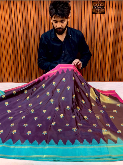 Elegent Garnet Banarasi Katan Semi Silk Saree with Aqua Blue & Rani Pink Border