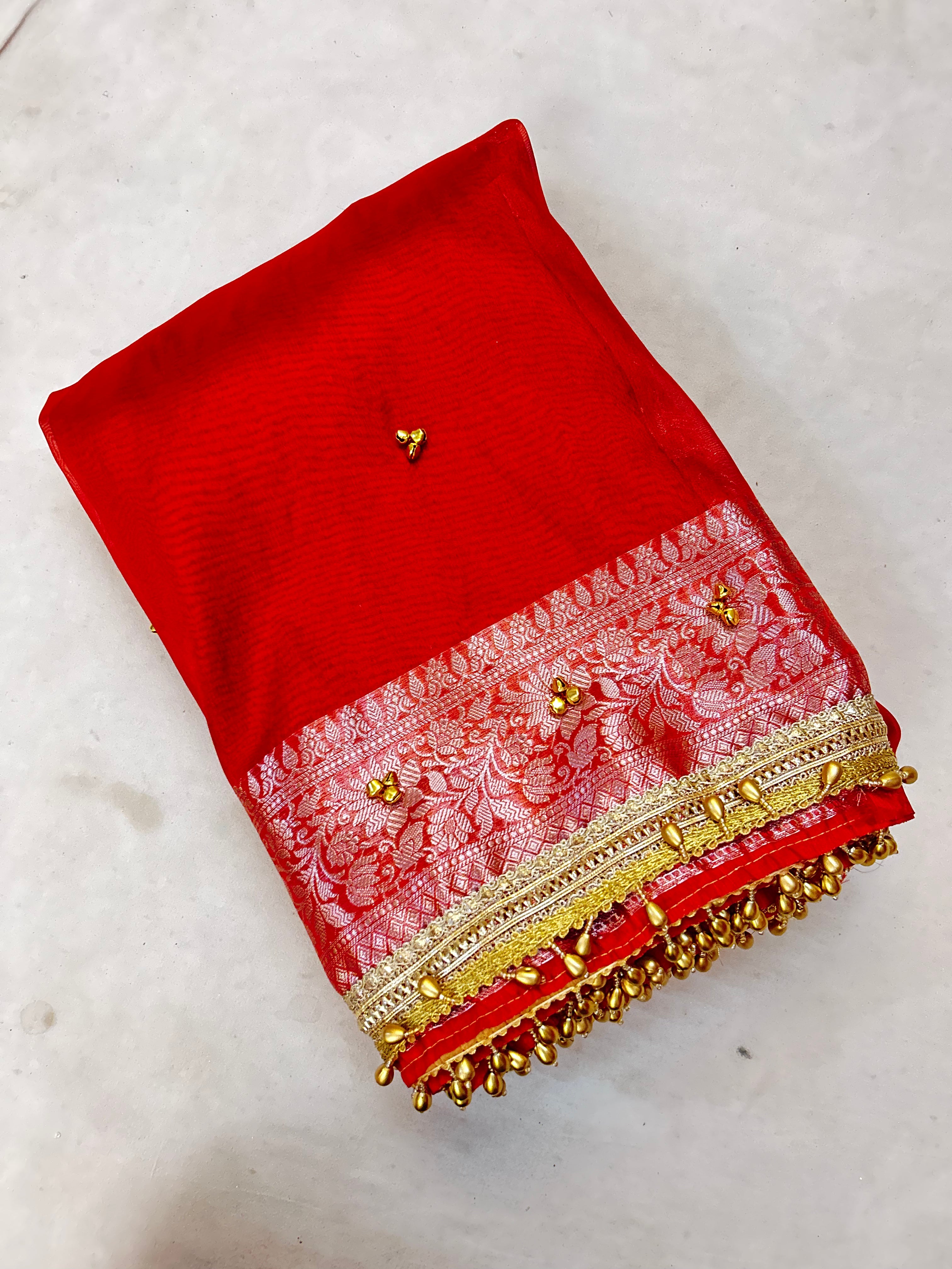 Ghungroo Highlighted Royal Red Banarasi Tissue Saree with Attached Lace Work – Premium Festive Collection