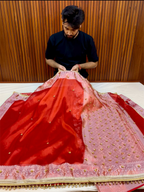 Ghungroo Highlighted Royal Red Banarasi Tissue Saree with Attached Lace Work – Premium Festive Collection