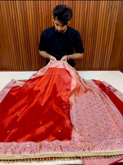 Ghungroo Highlighted Royal Red Banarasi Tissue Saree with Attached Lace Work – Premium Festive Collection