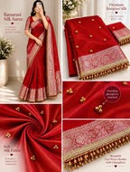 Ghungroo Highlighted Royal Red Banarasi Tissue Saree with Attached Lace Work – Premium Festive Collection