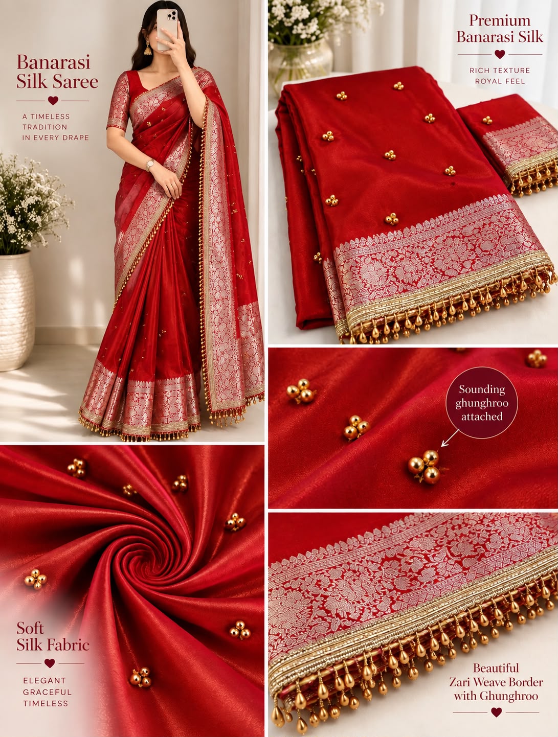 Ghungroo Highlighted Royal Red Banarasi Tissue Saree with Attached Lace Work – Premium Festive Collection