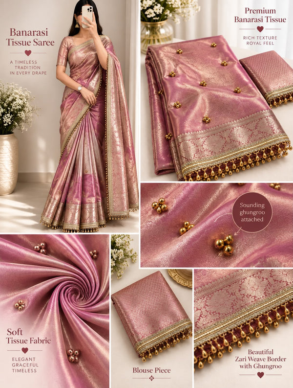 Pink Banarasi Tissue Saree with Attached Lace & Ghungroo Work