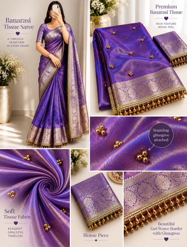 Purple Banarasi Tissue Saree with Attached Lace & Ghungroo Work