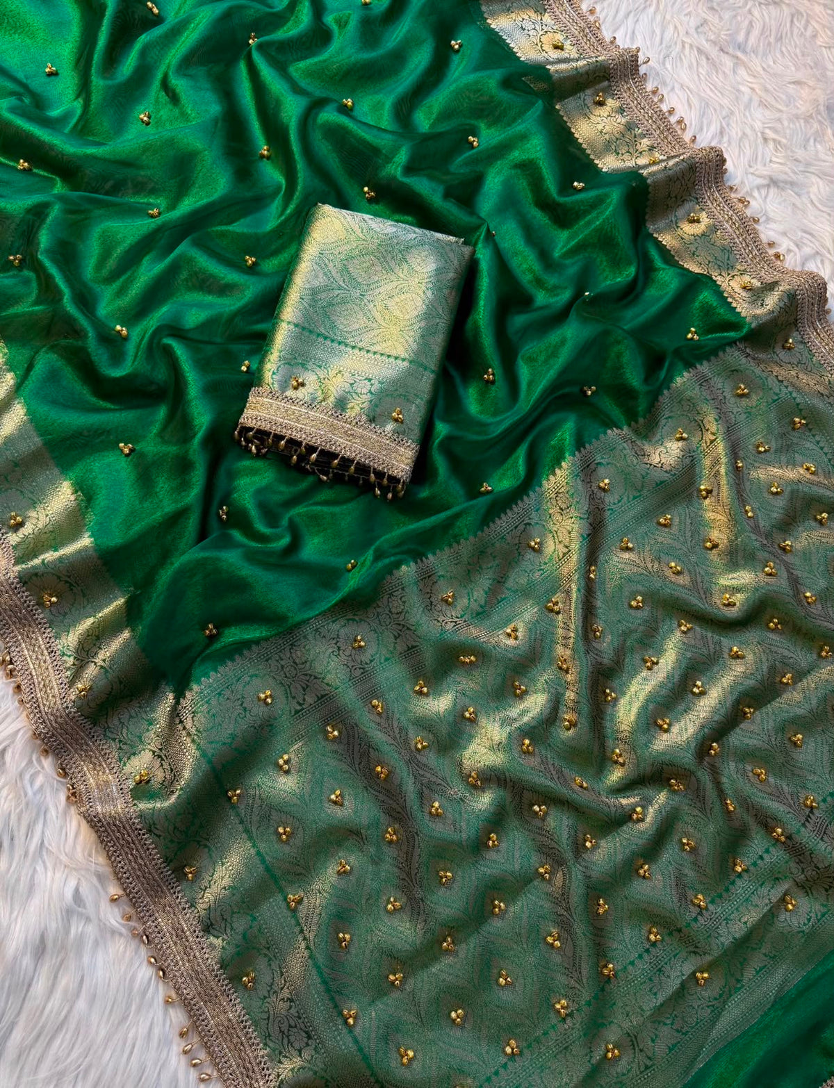 Green Banarasi Tissue Saree with Attached Lace & Ghungroo Work