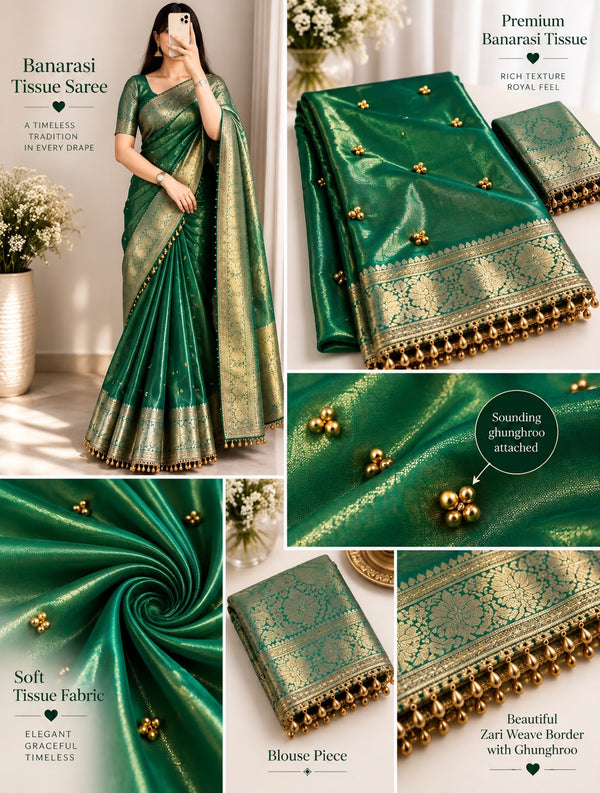 Green Banarasi Tissue Saree with Attached Lace & Ghungroo Work