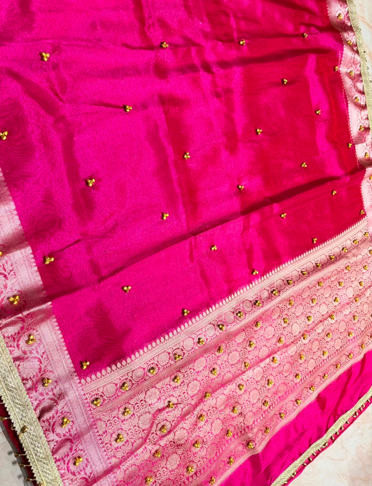 Elegant Rani Pink Banarasi Tissue Ghungroo Saree with Attached Blouse Work