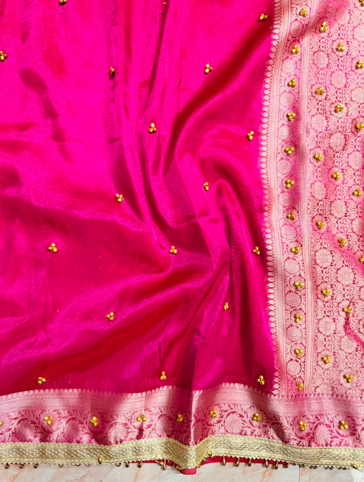 Elegant Rani Pink Banarasi Tissue Ghungroo Saree with Attached Blouse Work