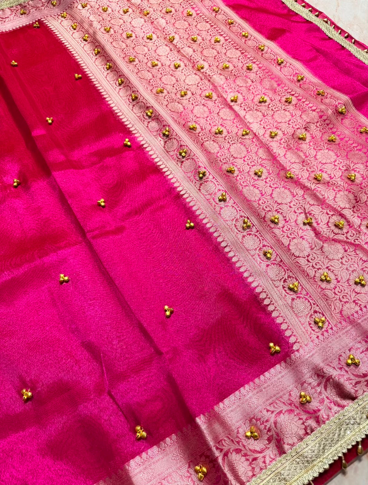 Elegant Rani Pink Banarasi Tissue Ghungroo Saree with Attached Blouse Work