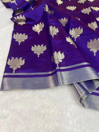 Elegent Katan Semi Silk Banarasi Saree – Royal Purple with Silver Zari Lotus Motifs