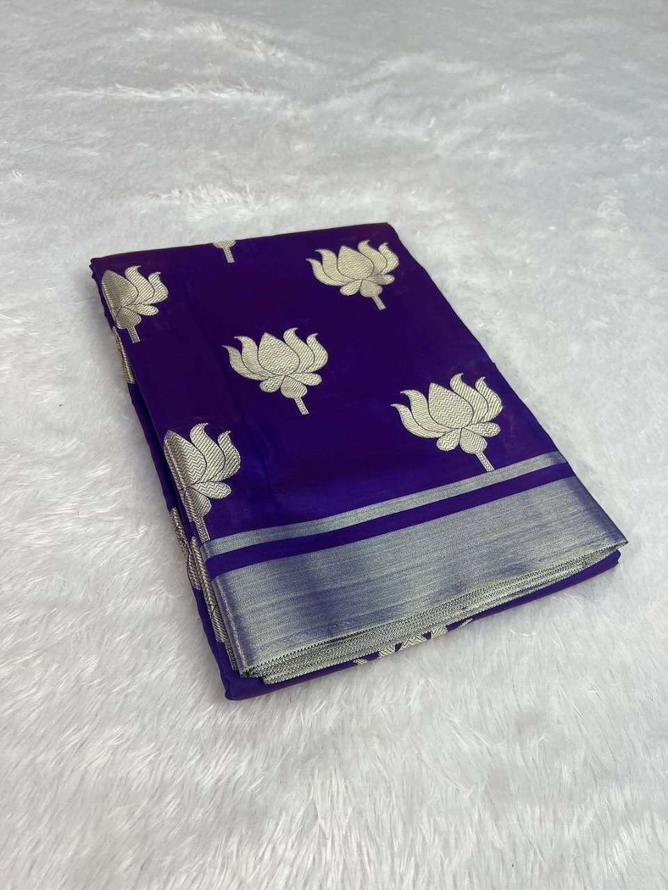 Elegent Katan Semi Silk Banarasi Saree – Royal Purple with Silver Zari Lotus Motifs