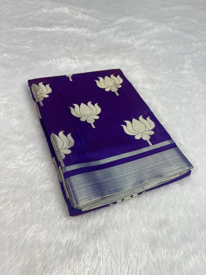 Elegent Katan Semi Silk Banarasi Saree – Royal Purple with Silver Zari Lotus Motifs