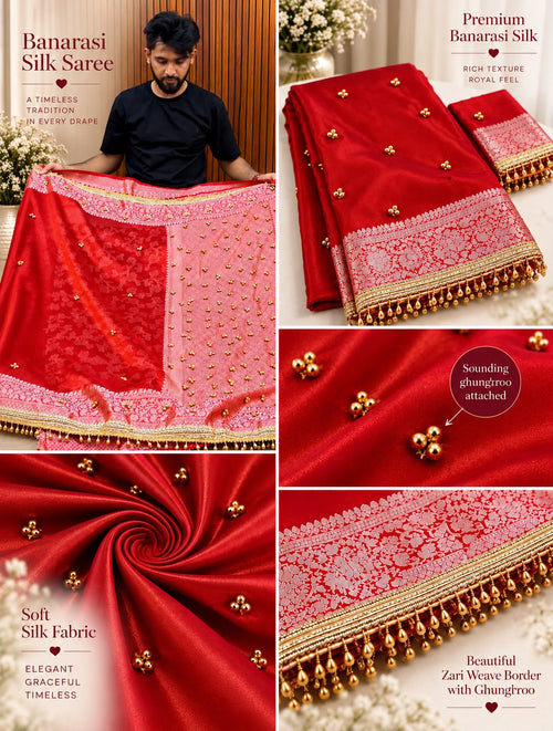 Ghungroo Highlighted Royal Red Banarasi Tissue Saree with Attached Lace Work – Premium Festive Collection