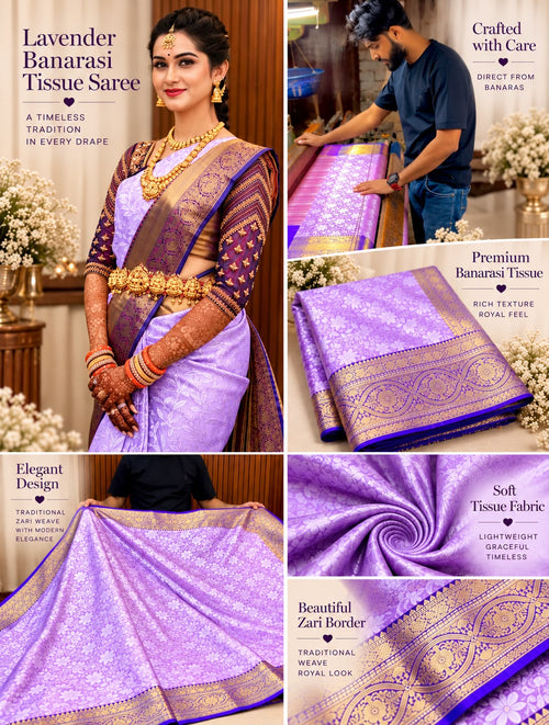Exclusive Lavender Katan Tissue Banarasi Saree – Premium Silk Shine