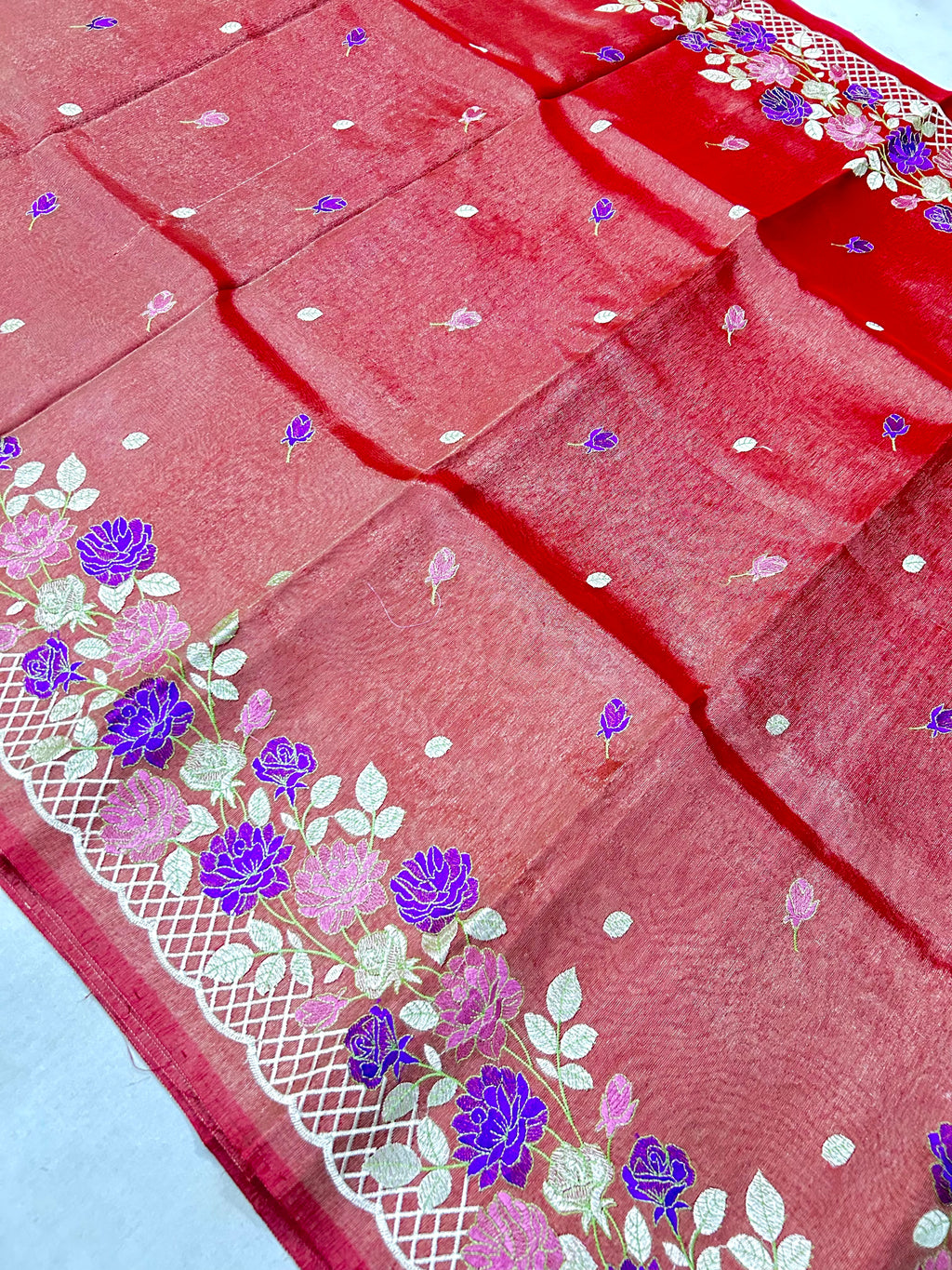 Elegant Banarasi Tissue Saree with Fancy Floral Embroidery Work & Designer Border