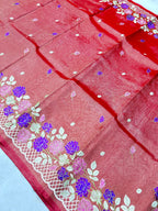 Elegant Banarasi Tissue Saree with Fancy Floral Embroidery Work & Designer Border