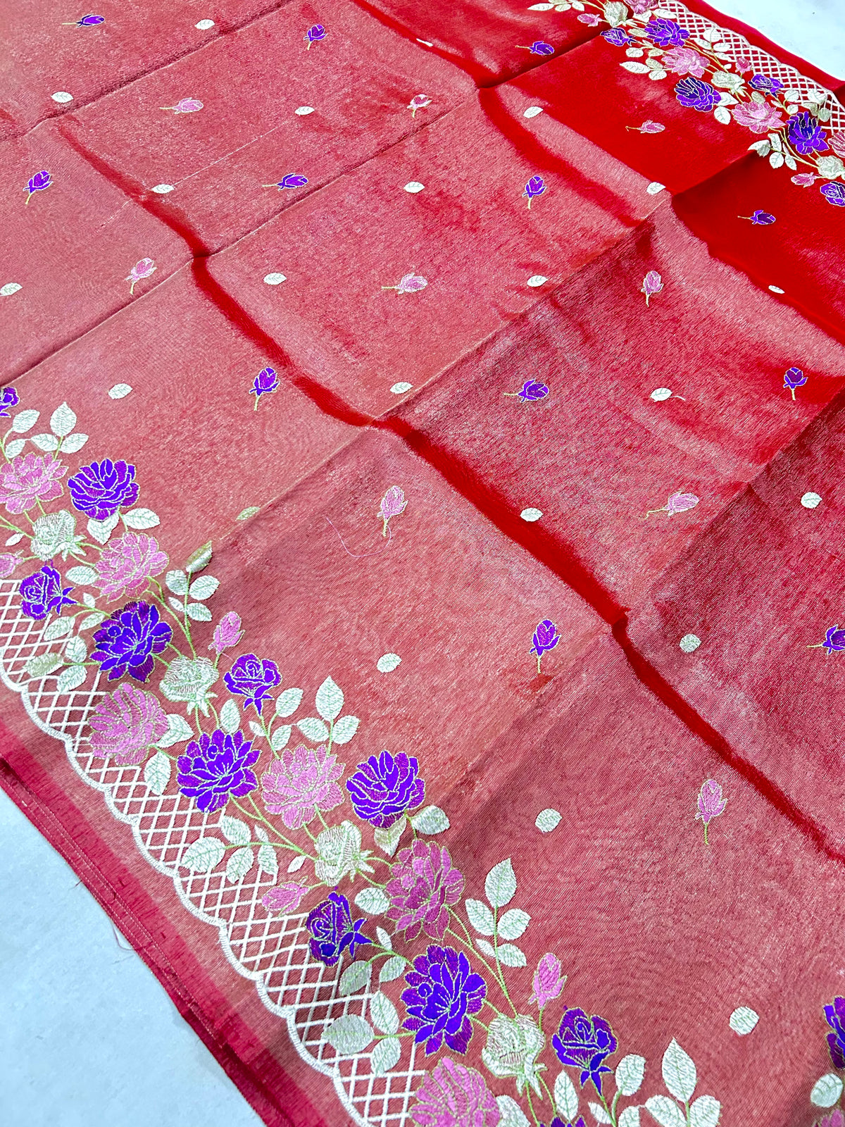 Elegant Banarasi Tissue Saree with Fancy Floral Embroidery Work & Designer Border