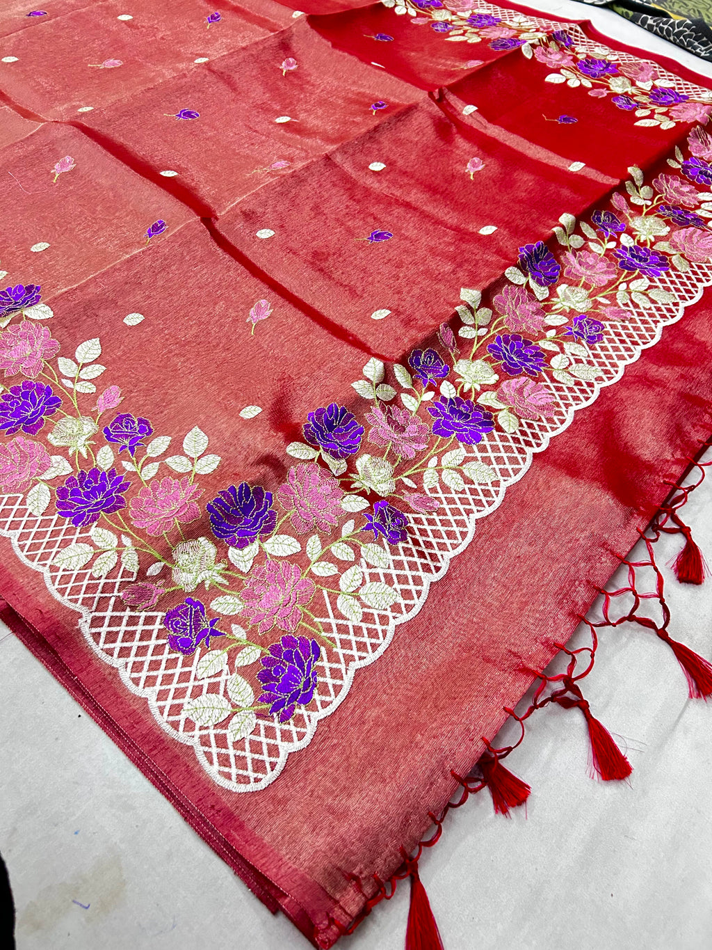 Elegant Banarasi Tissue Saree with Fancy Floral Embroidery Work & Designer Border