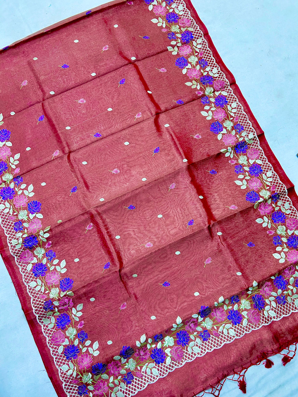 Elegant Banarasi Tissue Saree with Fancy Floral Embroidery Work & Designer Border
