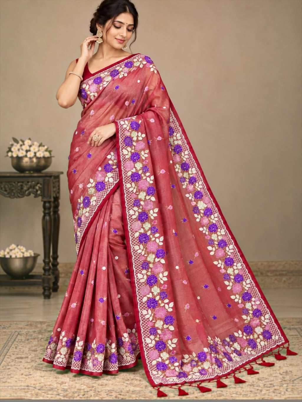 Elegant Banarasi Tissue Saree with Fancy Floral Embroidery Work & Designer Border