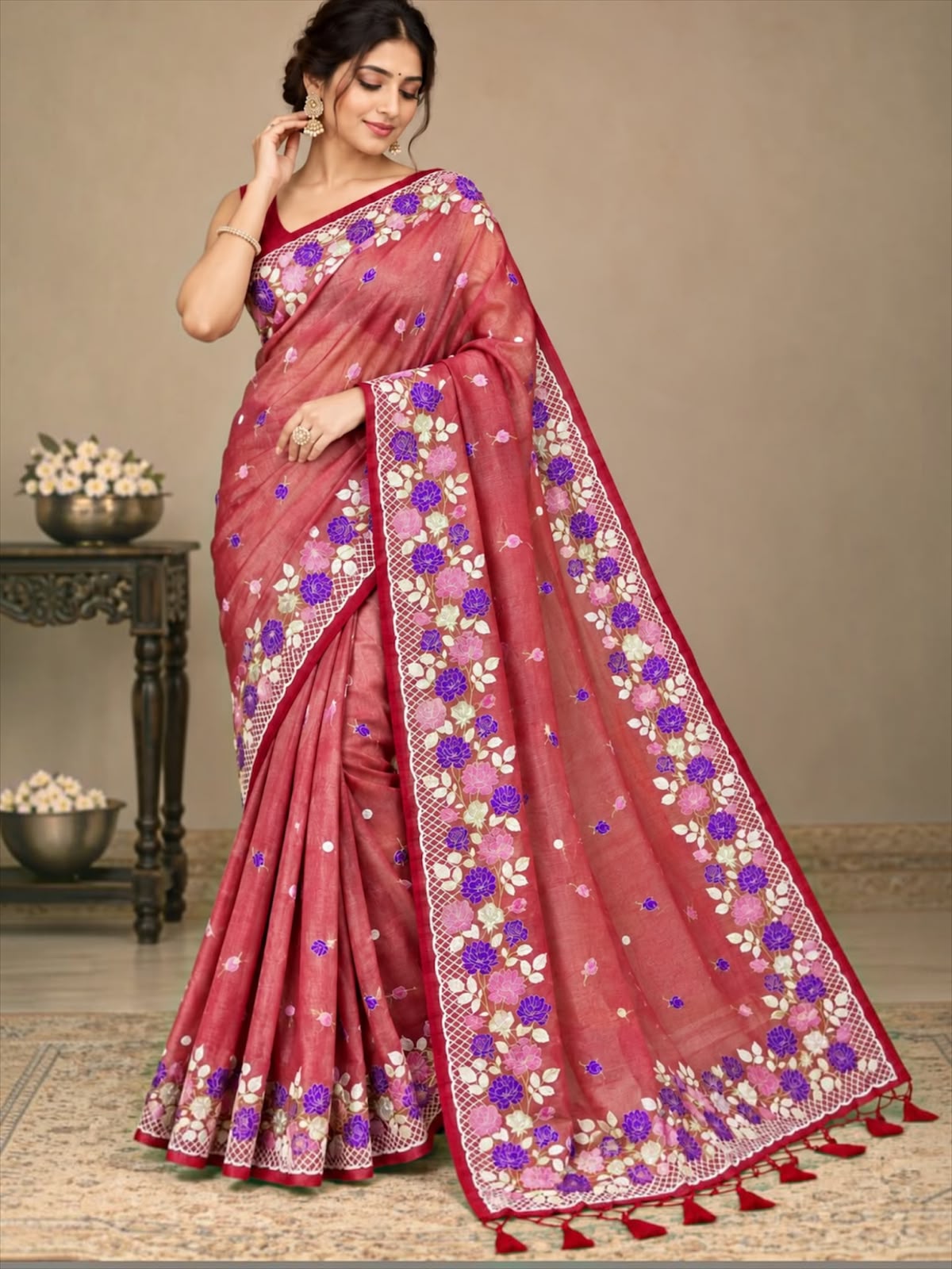 Elegant Banarasi Tissue Saree with Fancy Floral Embroidery Work & Designer Border