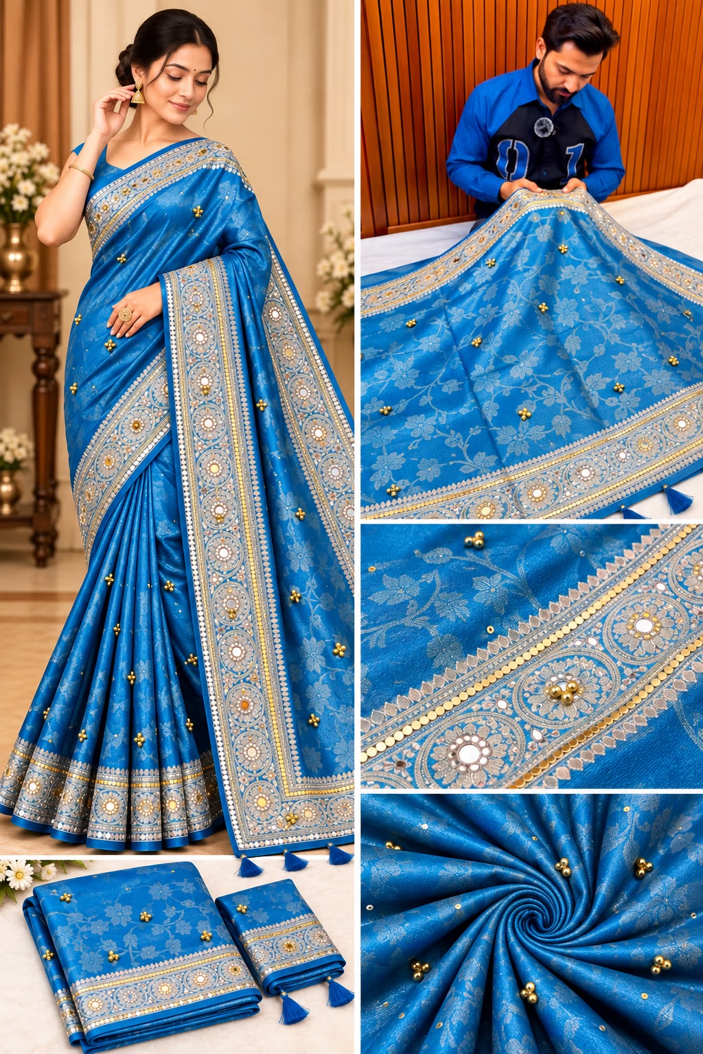 Elegant Firozi Turquoise Blue Banarasi Tissue Ghungroo Saree with Mirror Work & Attached Lace Border