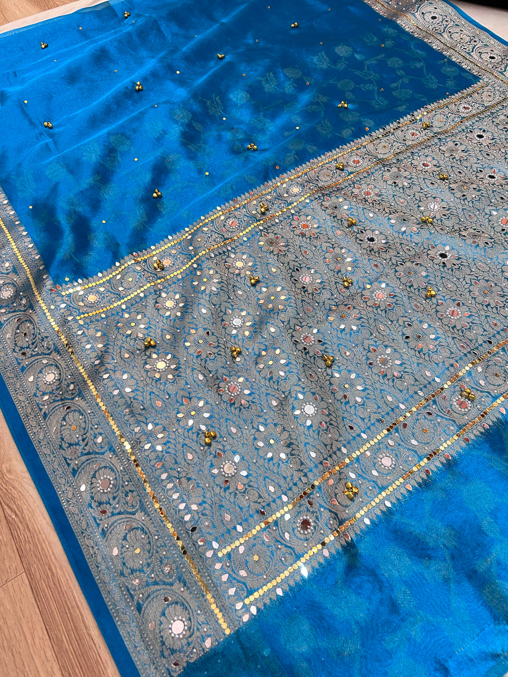 Elegant Firozi Turquoise Blue Banarasi Tissue Ghungroo Saree with Mirror Work & Attached Lace Border