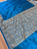 Elegant Firozi Turquoise Blue Banarasi Tissue Ghungroo Saree with Mirror Work & Attached Lace Border