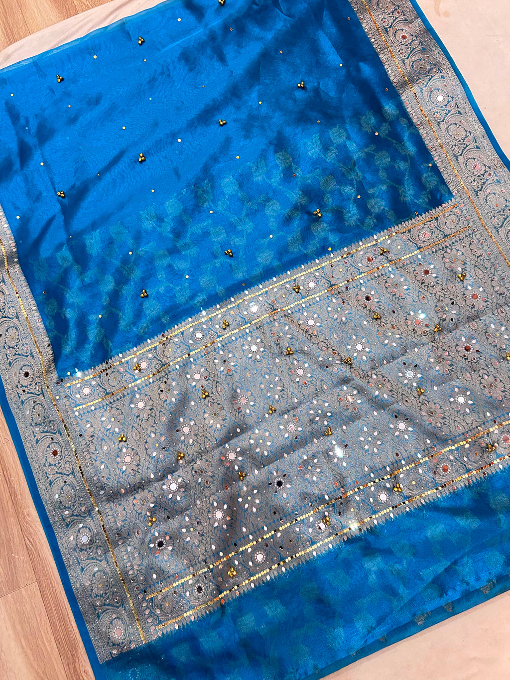 Elegant Firozi Turquoise Blue Banarasi Tissue Ghungroo Saree with Mirror Work & Attached Lace Border