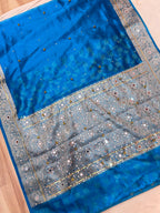 Elegant Firozi Turquoise Blue Banarasi Tissue Ghungroo Saree with Mirror Work & Attached Lace Border