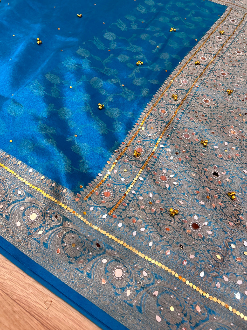 Elegant Firozi Turquoise Blue Banarasi Tissue Ghungroo Saree with Mirror Work & Attached Lace Border