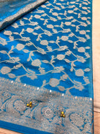 Elegant Firozi Turquoise Blue Banarasi Tissue Ghungroo Saree with Mirror Work & Attached Lace Border