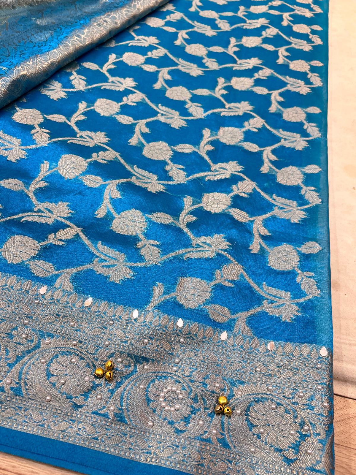 Elegant Firozi Turquoise Blue Banarasi Tissue Ghungroo Saree with Mirror Work & Attached Lace Border