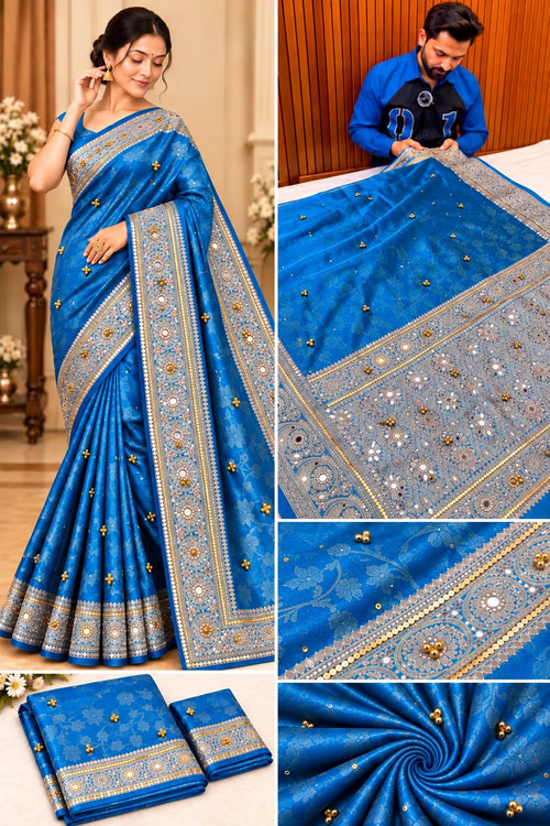 Elegant Firozi Turquoise Blue Banarasi Tissue Ghungroo Saree with Mirror Work & Attached Lace Border