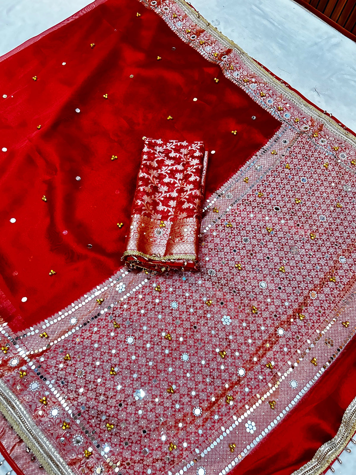 Premium Banarasi Tissue Ghungroo Saree with Mirror & Lace Work