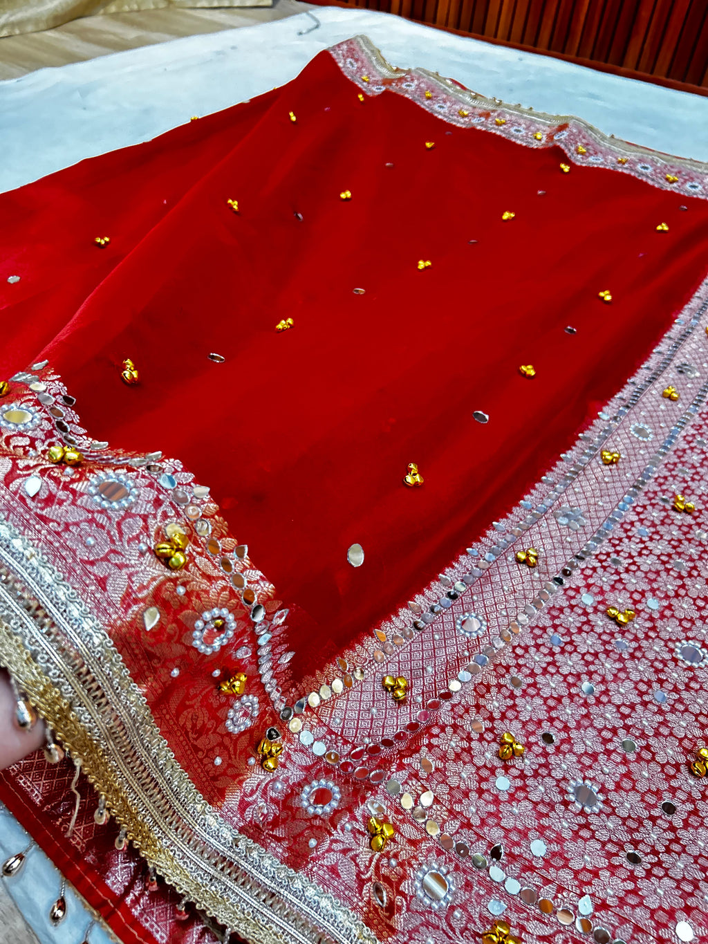 Premium Banarasi Tissue Ghungroo Saree with Mirror & Lace Work