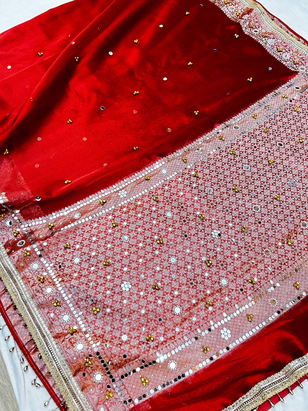 Premium Banarasi Tissue Ghungroo Saree with Mirror & Lace Work