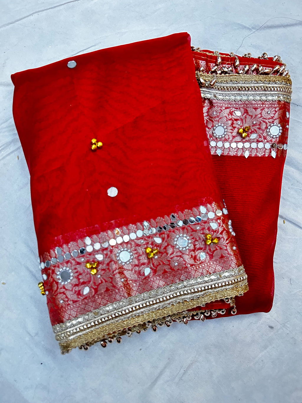 Premium Banarasi Tissue Ghungroo Saree with Mirror & Lace Work