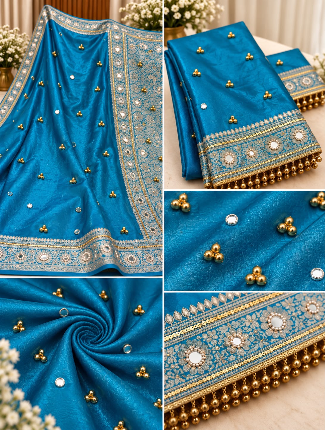 Royal Peacock Blue Banarasi Tissue Ghungroo Saree with Mirror & Zari Work