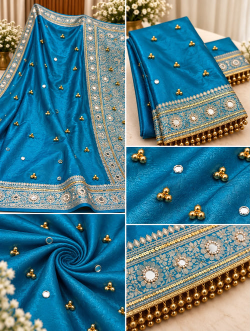 Royal Peacock Blue Banarasi Tissue Ghungroo Saree with Mirror & Zari Work