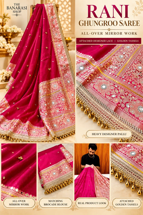 Premium Rani Banarasi Ghungroo Saree with All-Over Mirror Work, Attached Designer Lace & Golden Tassels
